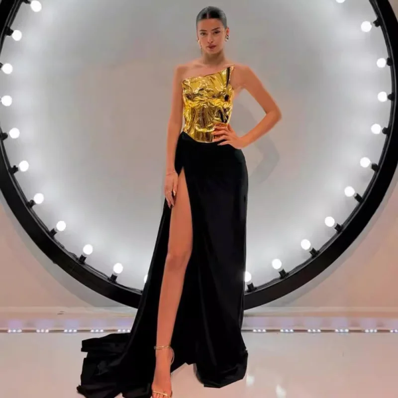 

European and American New One-Shoulder Leather Top Slit Mop Two-Piece Set Sexy Lacing Backless Light Dress