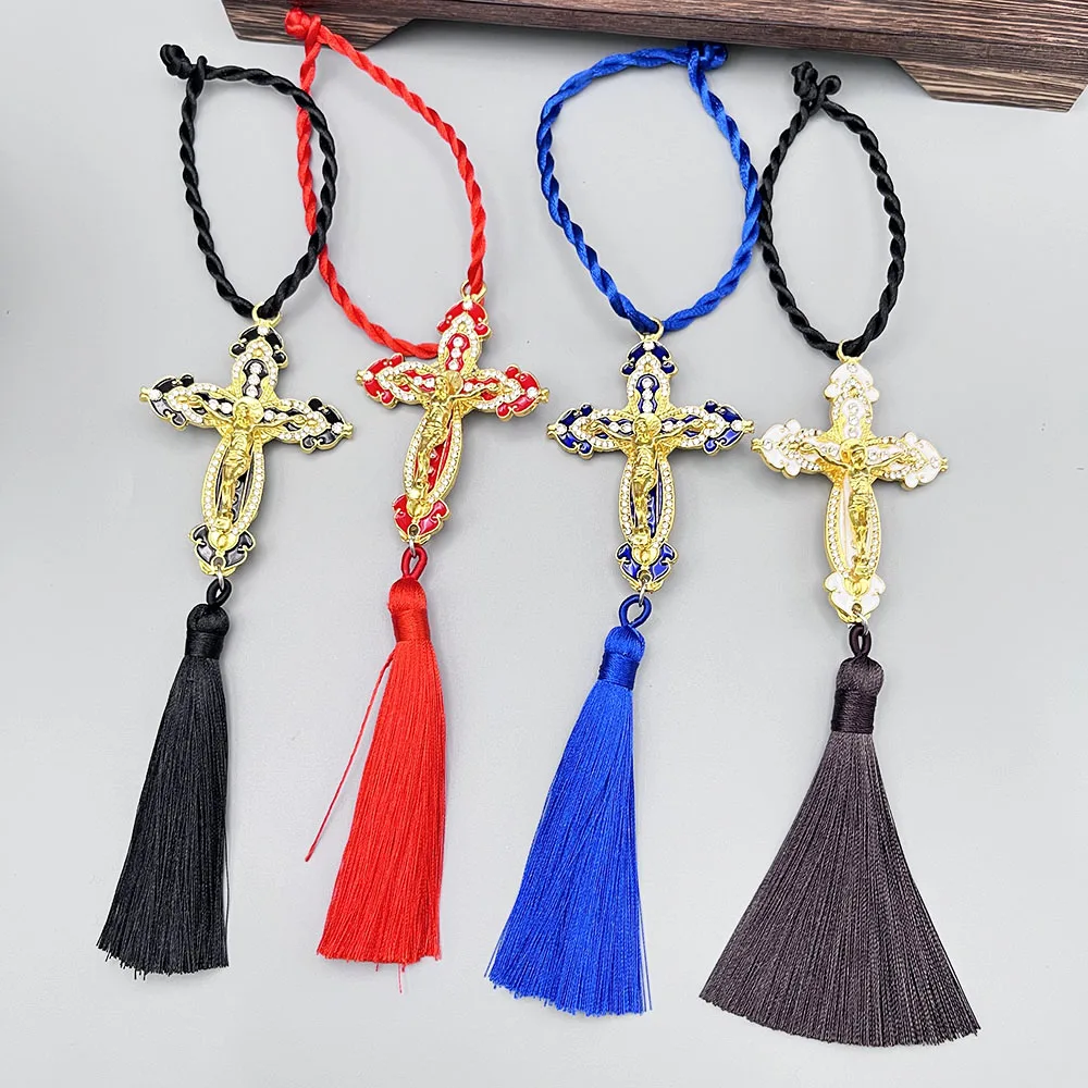GS159 New Pendants Alloy Double Sided Christian Cross Rhinestone Dripping Oil Full Jesus Saint 3D Stereo Tassels Auto Decoration