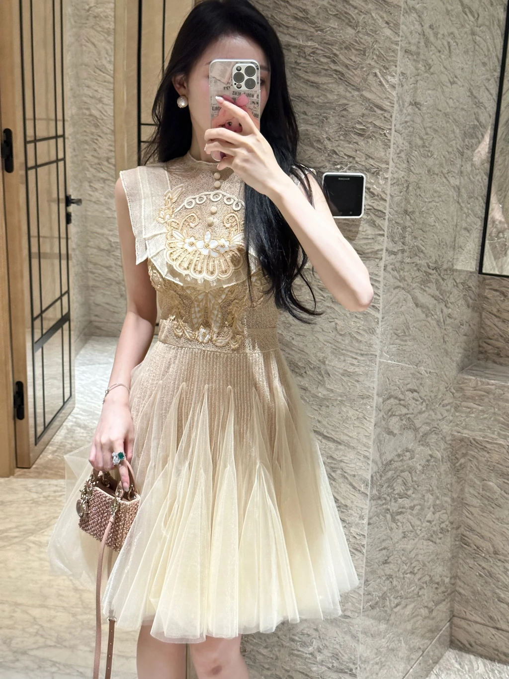 

Ele Embroidered Lace Dr Champagne Nude Color High Waist Princ Sle Cotton Blend Skirt for Ladies Daily Wear