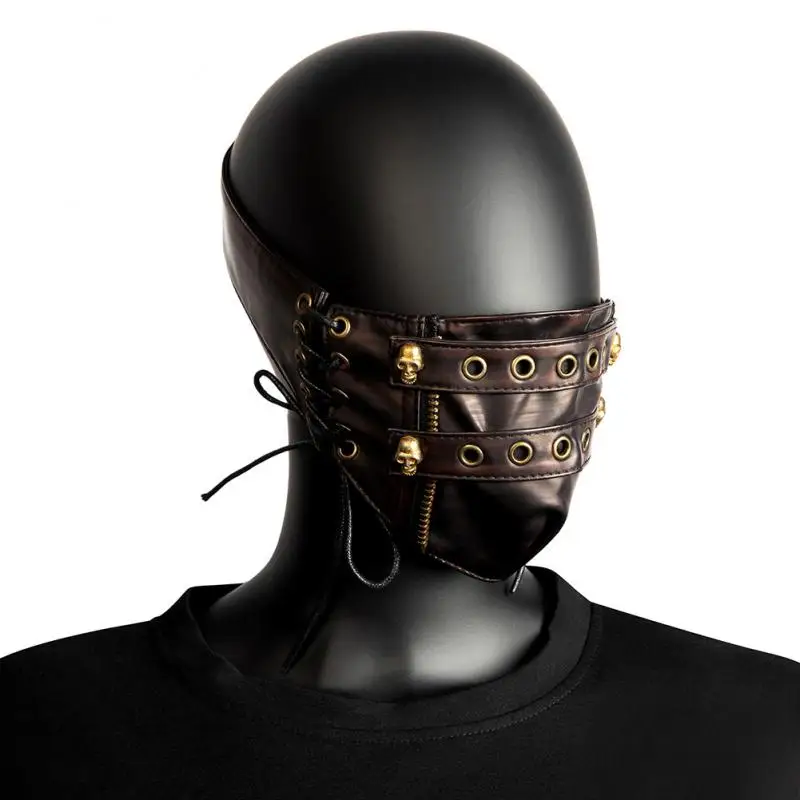 Halloween Cosplay Face Mask Unisex Steam Punk Style Sun Wind Blocked Synthetic Leather Brown Bandage Skeleton Zipper Dust Mask