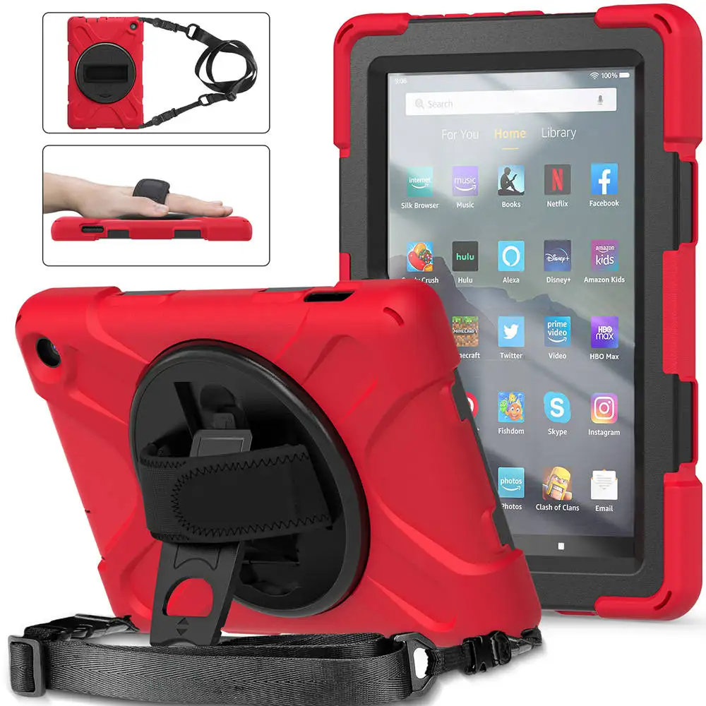 For Kindle New Fire 7 2022 Fire7 HD8 HD10 Plus Tablet Heavy Duty Kids Shockproof Cases Cover With Shoulder Strap Silicone Coque