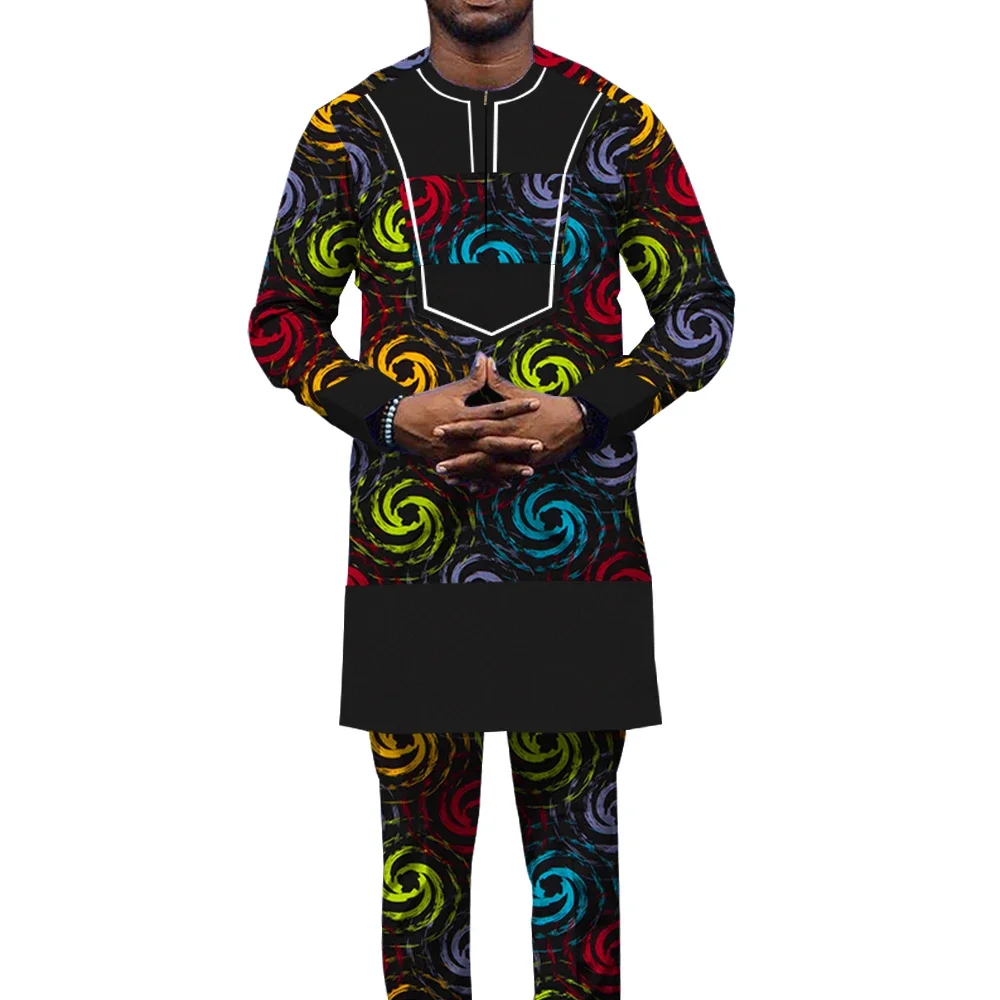 Hip Hop Robe African Men\'s Shirts and Pants Bazin Riche 2 Piece of Sets Africa Clothing Dashiki Outfits Floral Costume WYN1448