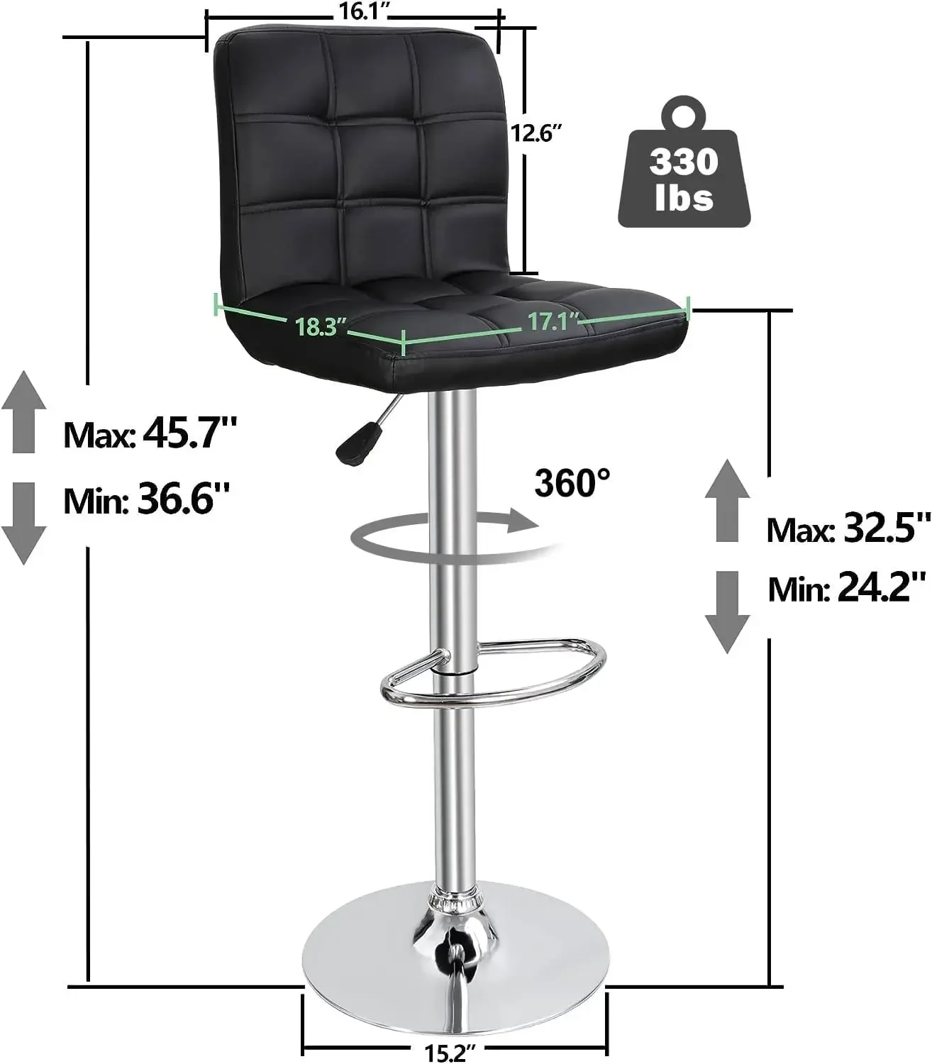 Set of 4 Adjustable Swivel Barstools, Modern PU Leather Kitchen Counter Bar Stools, Square Back Bar Stool