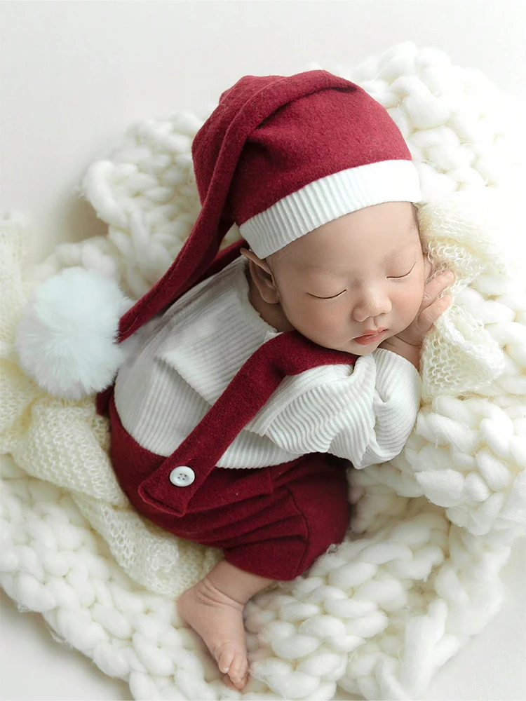 Ylsteed Newborn Color Contrast Rompers with Pom Hat Infant Photography Props Baby Boy Girl Suspender Trousers for Photo Shoot