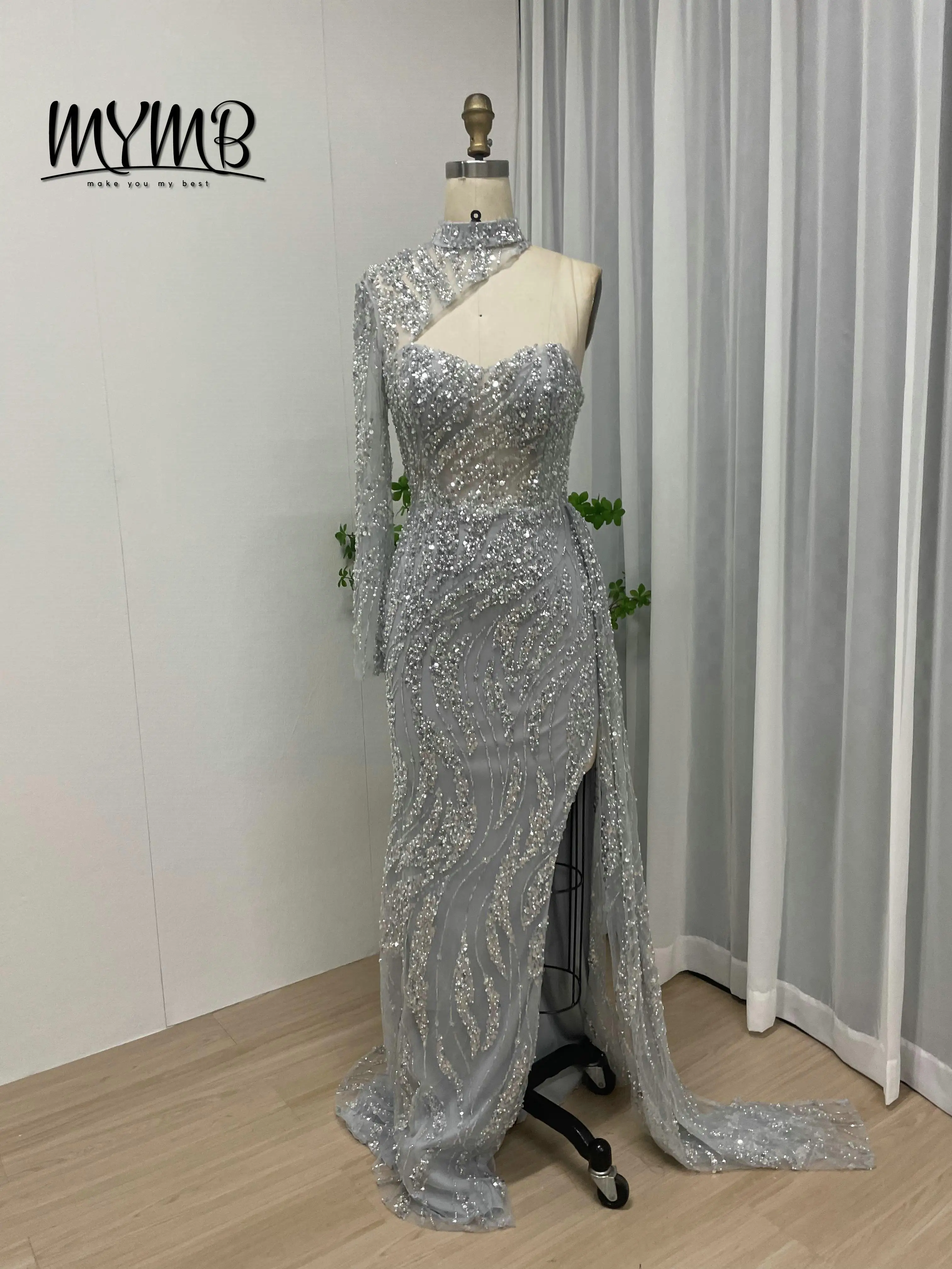 MYMB Stilvolles One-Shoulder-Meerjungfrau-Abschlussballkleid mit Schlitz, individuelles Langarm-Hochzeitskleid in Übergröße für Frauen MY30033