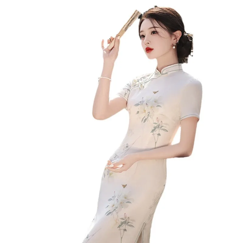 Baru musim semi dan musim panas Catwalk foto lapisan ganda gaya Cina Retro temperamen Cheongsam panjang