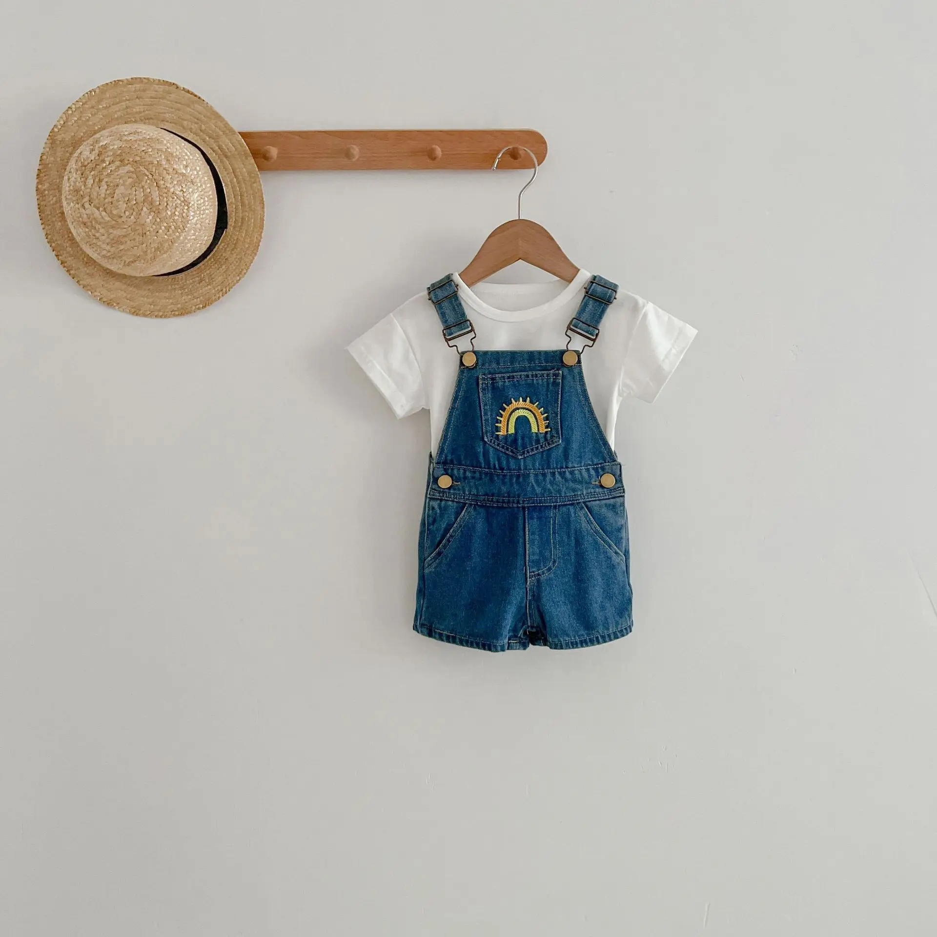 Sommer Baby Denim Overall Sticken Regenbogen Kleinkind Kind Junge Mädchen Tasche Lose Hosenträger Insgesamt Jeans Mode Overalls Kleidung – Detail 1