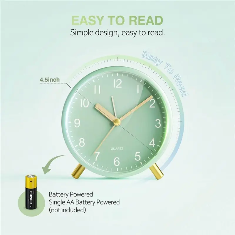 HRBAJ-Analogue Alarm Clock, Silent Non-Ticking Design With Night Light, Fashionable Metal Round Shape For Bedroom Or For Office