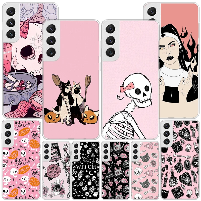 Pink Cat Skull Sorceress Witch Phone Case For Samsung Galaxy S24 Ultra S23 S22 S21 Plus S20 FE S10E S10 S9 S8 + Personalized Pri