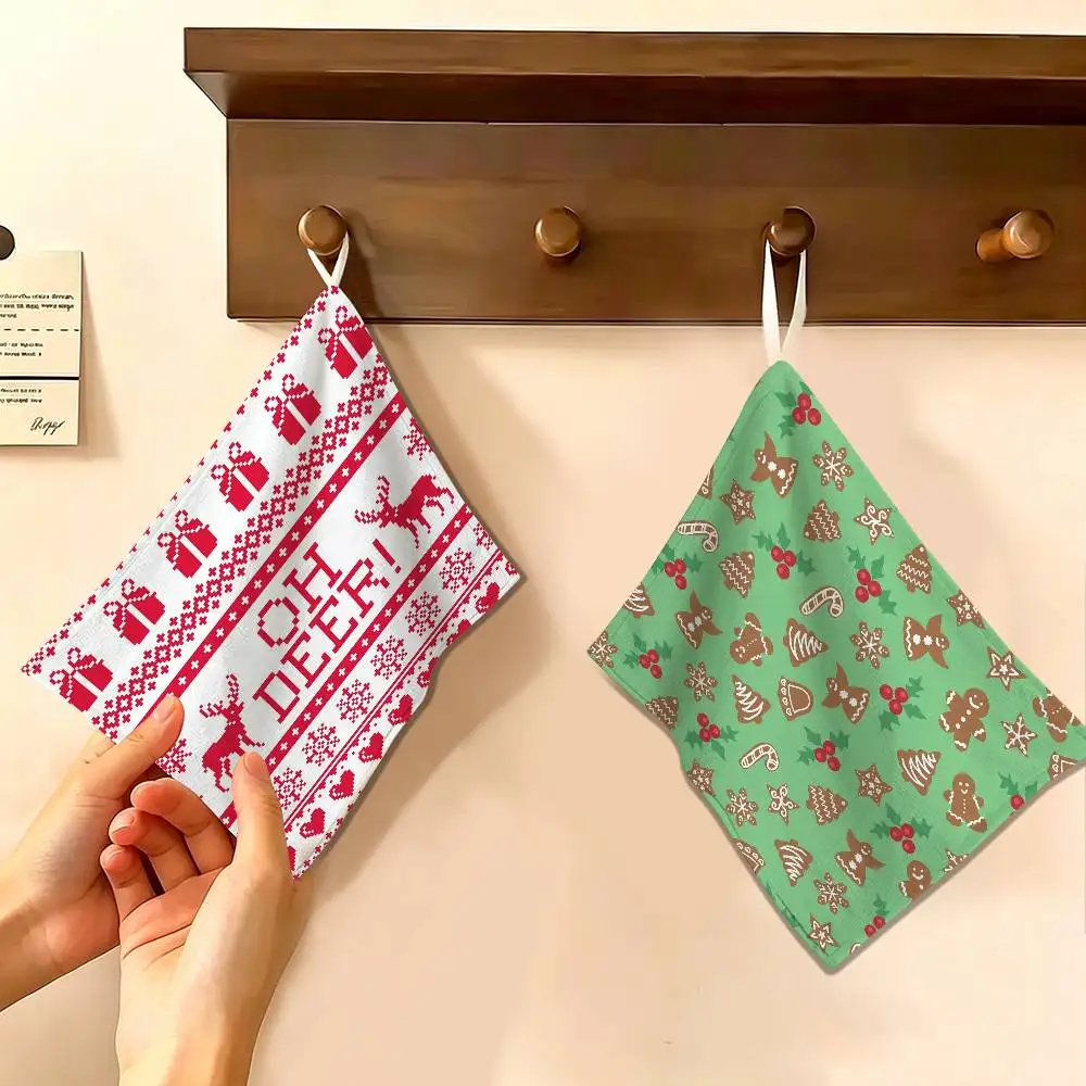 Merry Christmas Polyester Cotton Hand Wiping Towel, Hanging Design, Durable for Household Restaurant Toilet Use