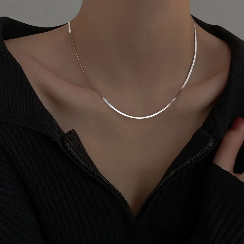 S925Sterling Silver Flat Snake Chain Choker Women Cold WindinsNiche Design Necklace High-Grade Light Luxury Blade Chain