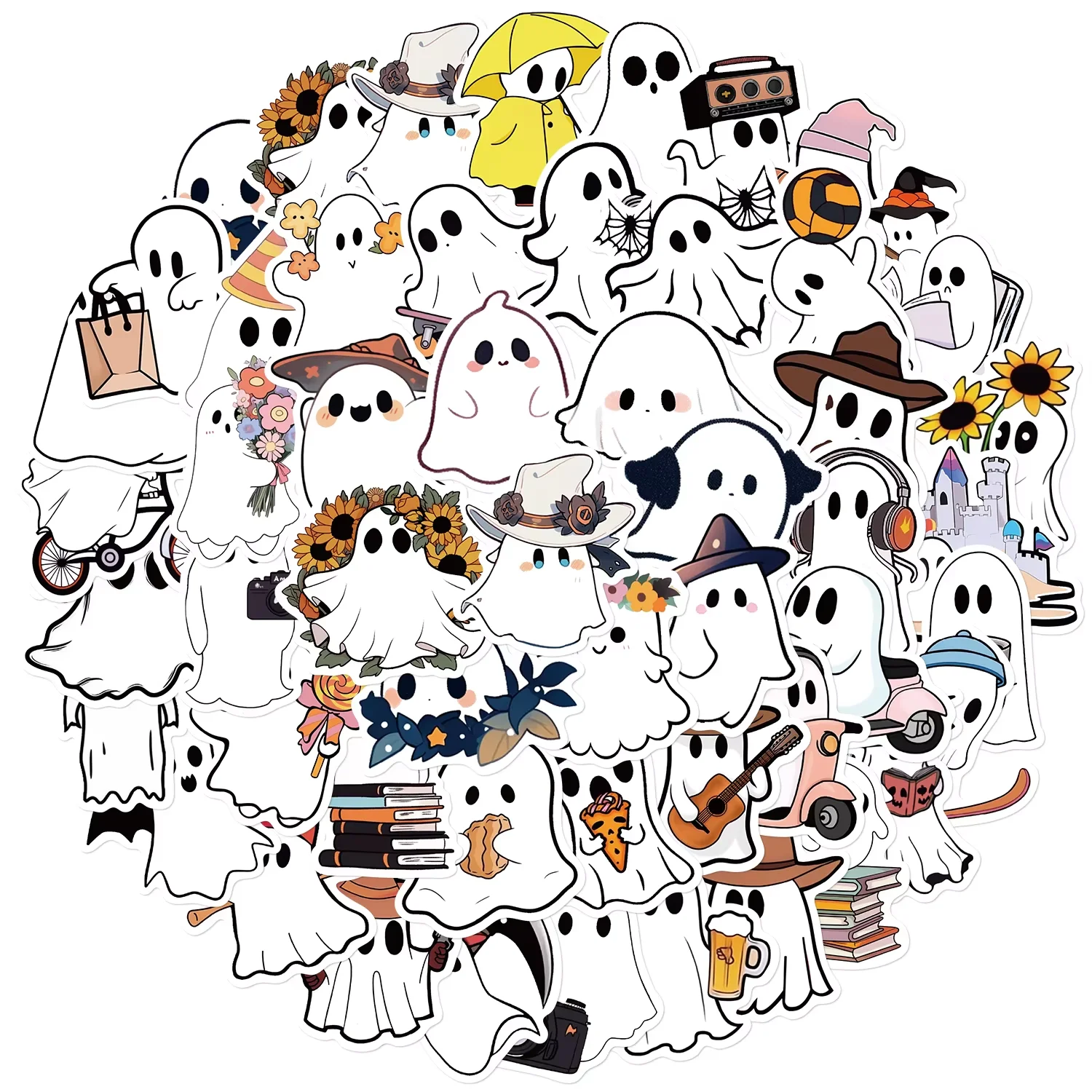 

50 шт., наклейки с маленьким призраком, блокнот на Хэллоуин, забавный мультяшный эстетический для ноутбуков, альбомов для багажа, велосипедная наклейка на телефон