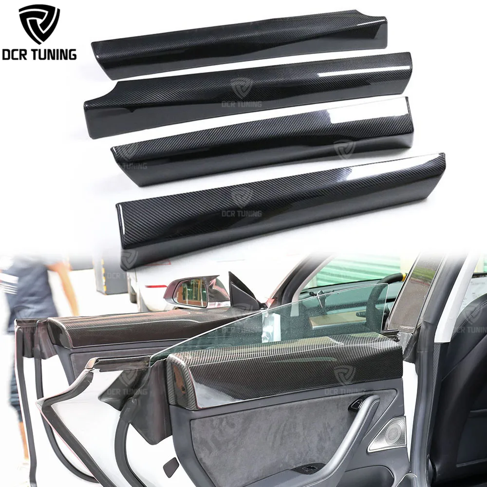 4 PCS Dry Carbon Fiber Inner Door Handle Panel 2017-2020 for Tesla Model 3 Interior Kits Covers Overlay Trim