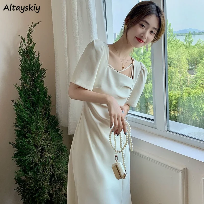 

Short Sleeve Midi Dresses Women Folds Solid Minimalism Summer A-line High Waist Stylish Elegant Lovely for Ladies Vestidos Cozy