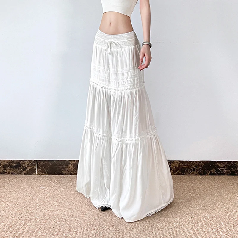 CIBBAR Elegant Lace Stitching Long Skirt Holiday Oversized Loose Low Rise White Floor-Length Skirts for Women y2k Fairycore Lady