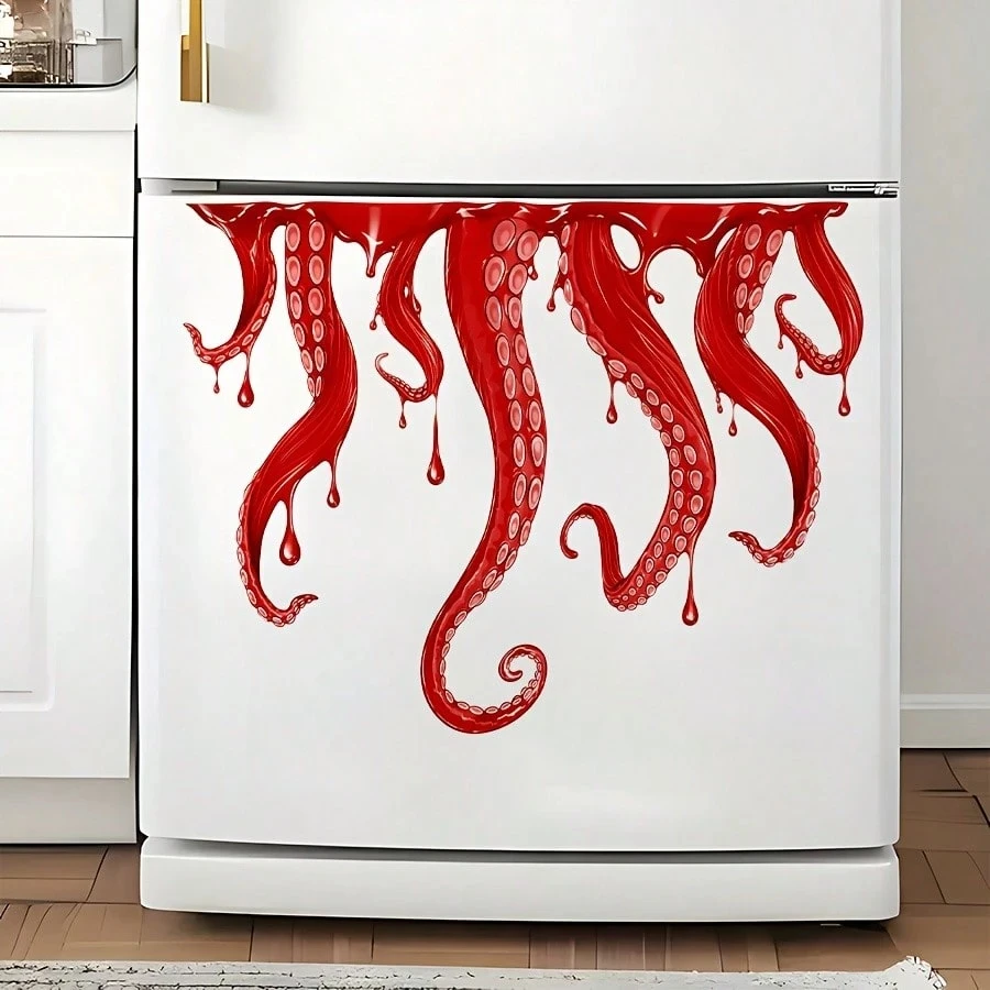 Halloween Sticker, Red Octopus Tentacles, Liquid Dripping Effect. Self-Adhesive Waterproof Vinyl Wall