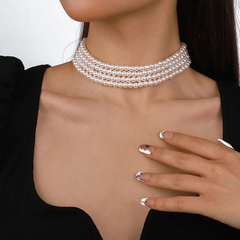 Vintage Multi-Layer White Imitation Pearl Choker Necklace Fashion Simple Short Clavicle Chain Women Party Wedding Bride Jewelry