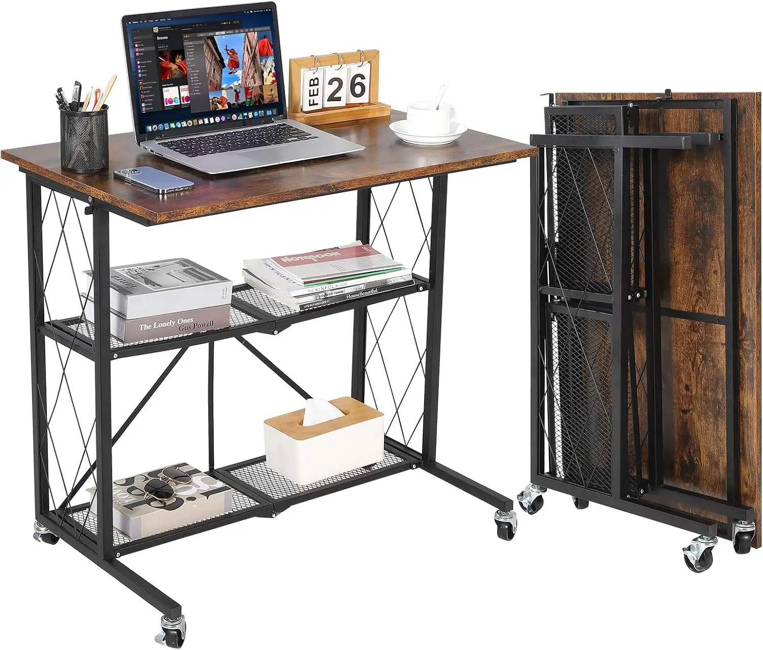 

31.5 inch 3Tier Foldable Desk with Wheels, Large Capacity Shelving Unit, Freestanding Metal Wire Shelf Rack, No Assembly