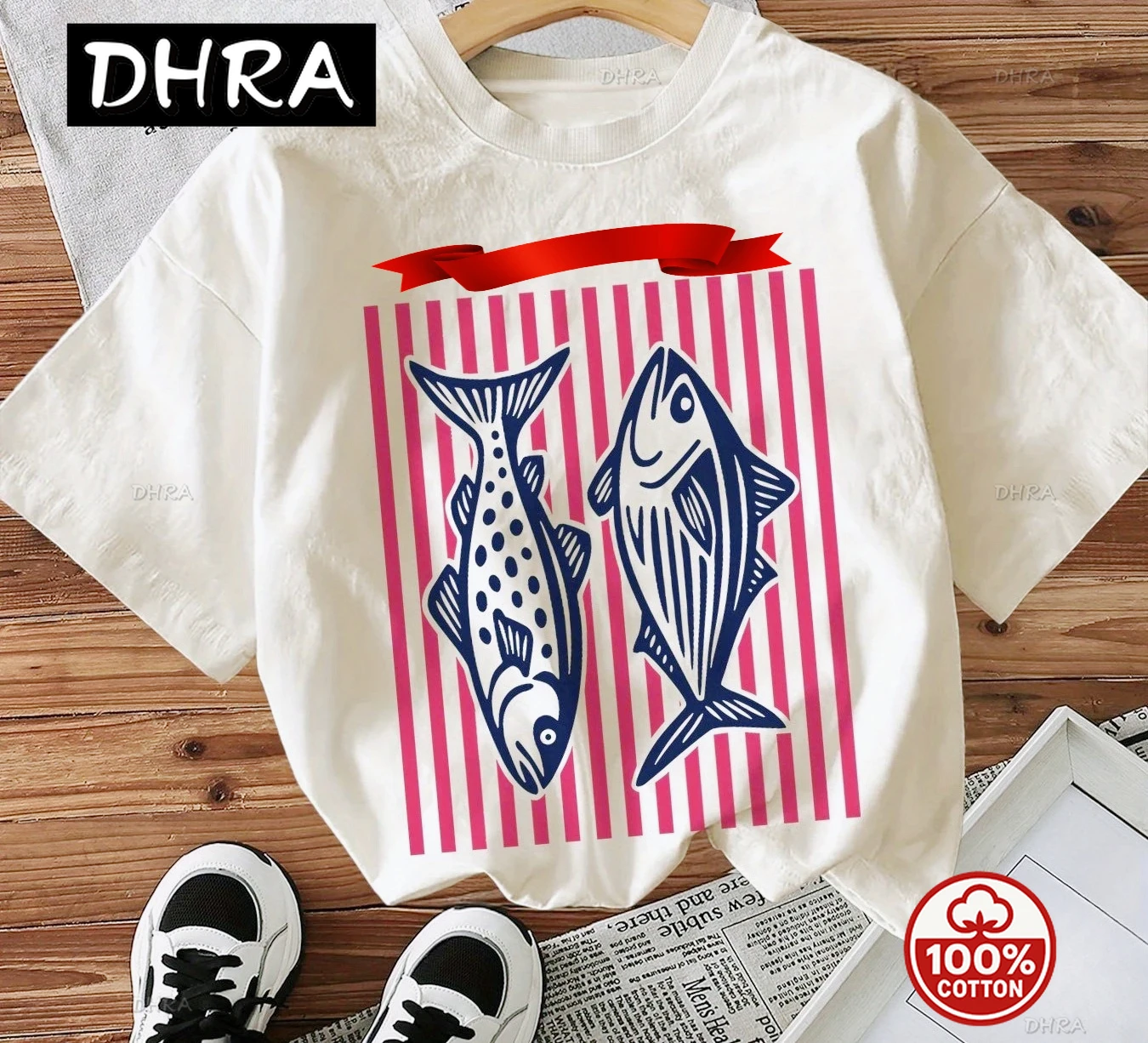 Women'S Casual T-Shirt with OceanInspired Fish and Stripes Print Crew Neck Short Sleeve Soft Comfortable Woman Clothing Fashion