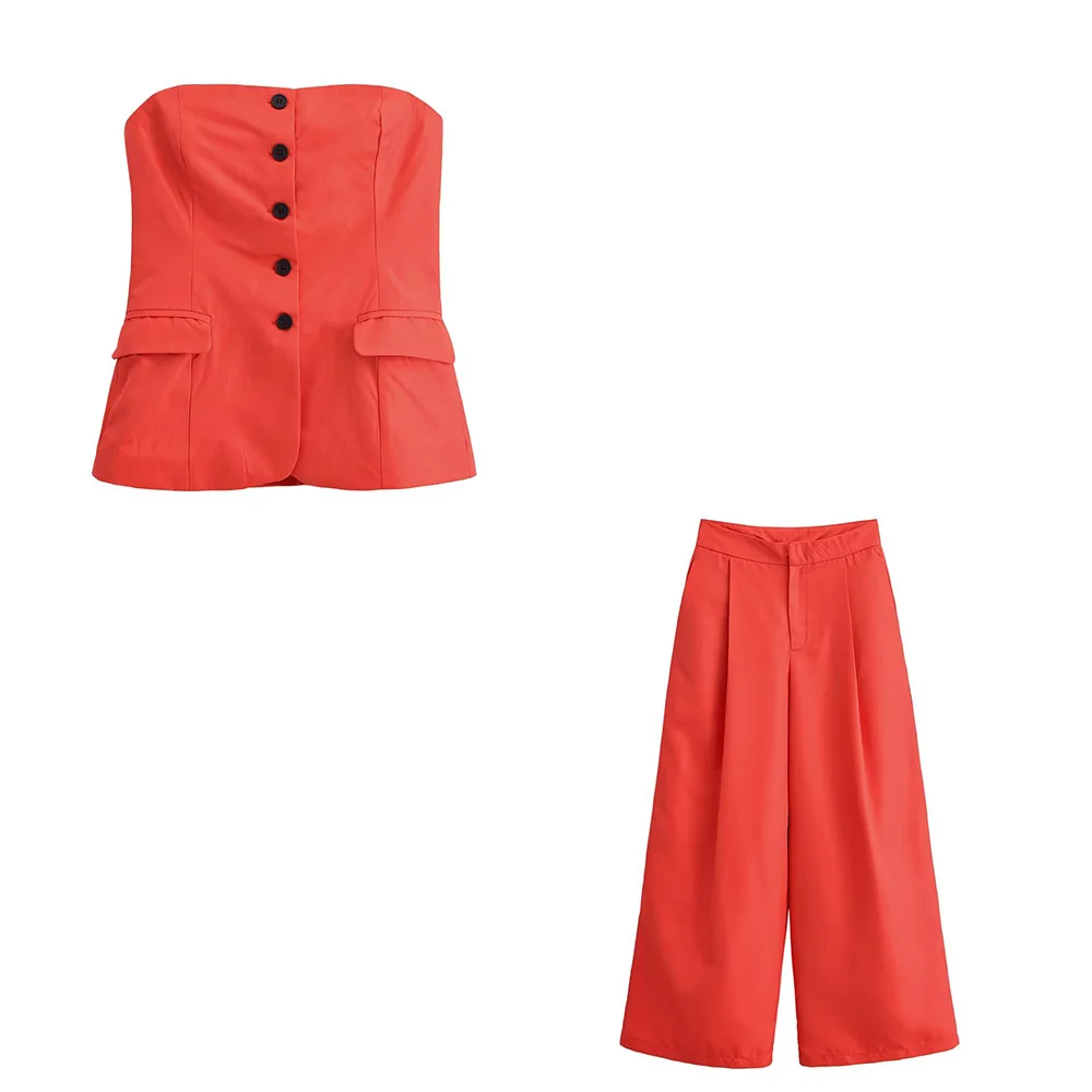 

2025 new women's casual and elegant European and American style design buckle decoration strapless top&pants set