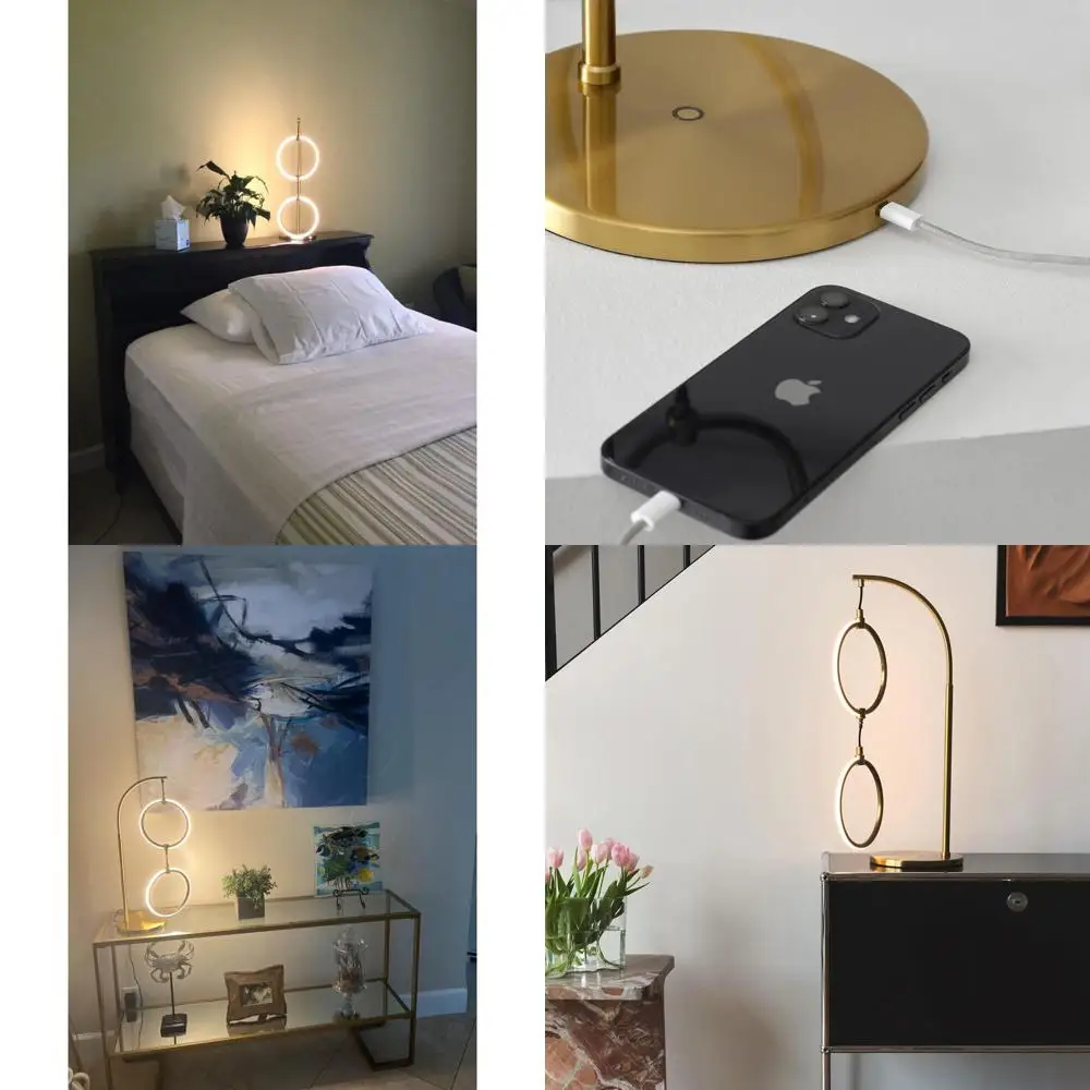 

Modern Arc Desk Lamp with Dual Ring Pendant - Alexa-Enabled, Brass Finish, Suitable for Living Room and Nightstands