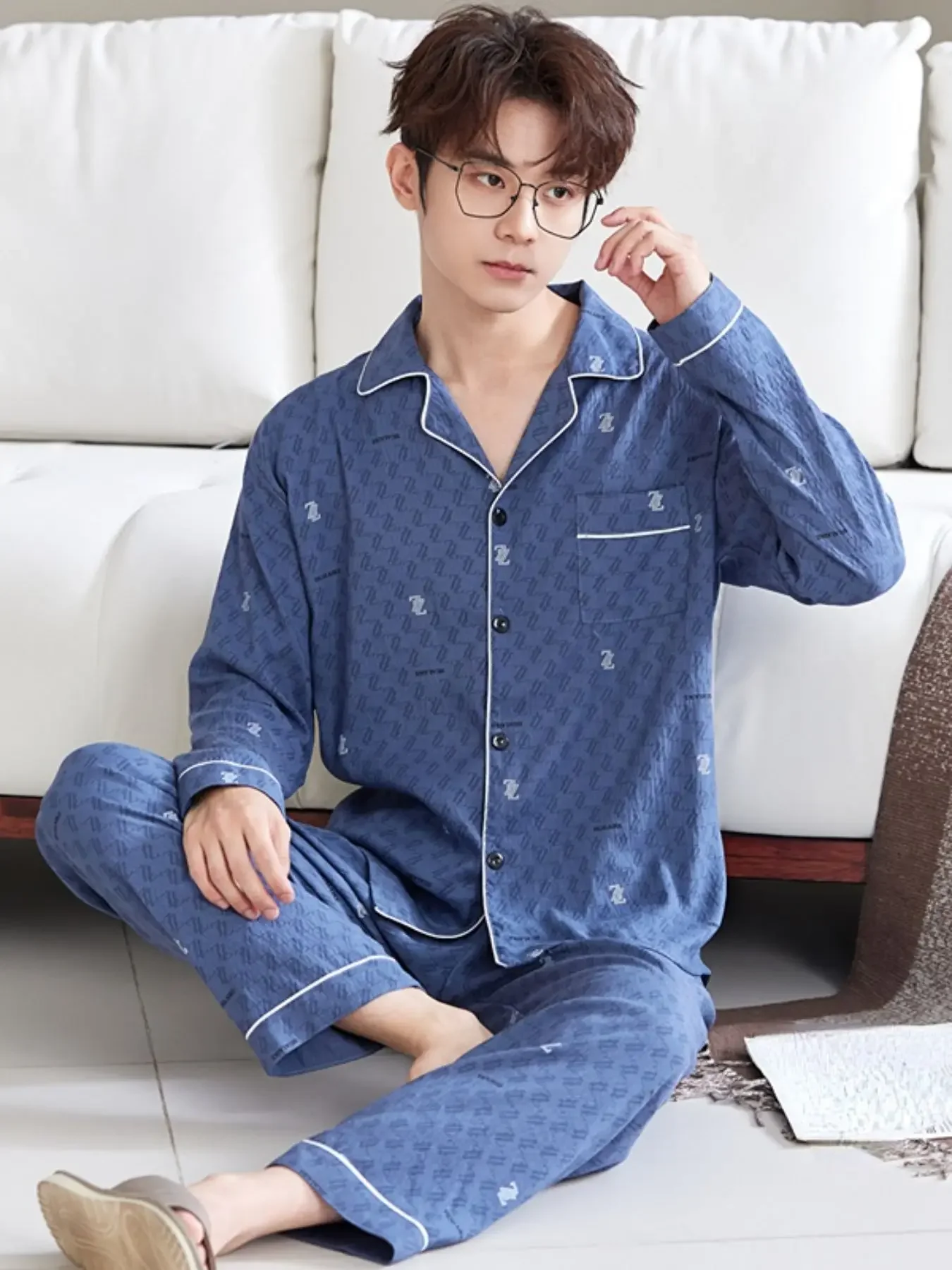 Mens Casual Spring Summer Comfort Pajama Set Fashion Soft Y2K Cardigan Lapel Long Sleeve Top and Long Pants Two-Piece Loungewear