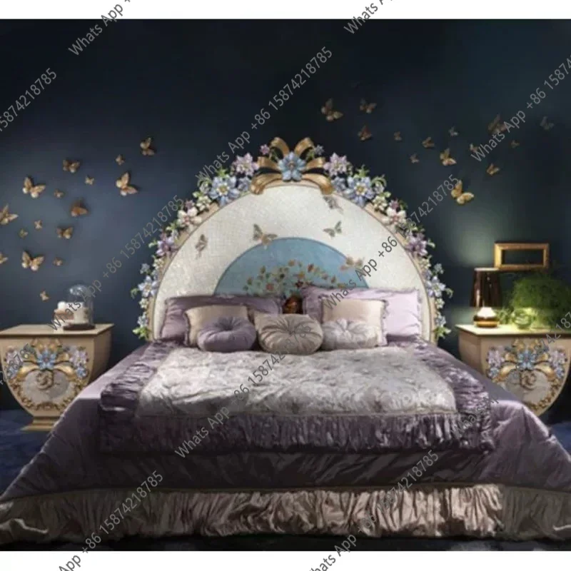 Co French Court Gold Foil Carved Wedding Bed European Solid Wood Villa Luxury Shell Inlaid Fabric Double Bed