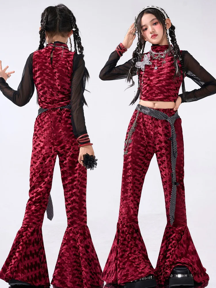 

Kid Hip Hop Clothes Red Mock Neck Tank Top Black Mesh Top Slim Flare Pants for Girl Group Jazz Dance Costume Clothing