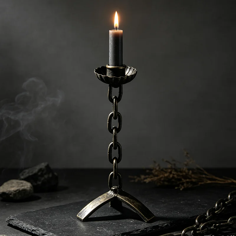 Retro Rough-And-Tumble Style Iron Chain Wrought Iron Candlestick Gothic Nostalgic Metal Candle Holder Tabletop Ornament Home Living Room Decoration Candle Holder