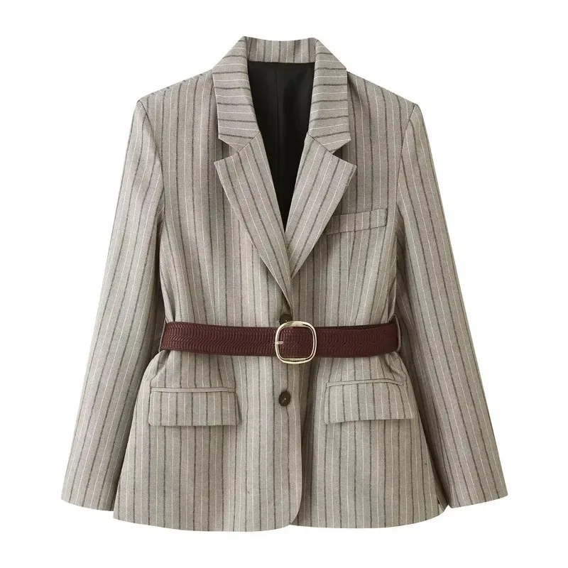 Gray Vertical Striped Blazer Notched Lapel Long Sleeve Belted Waist Slim Fit Suit Jacket Women Office Outerwear 260701