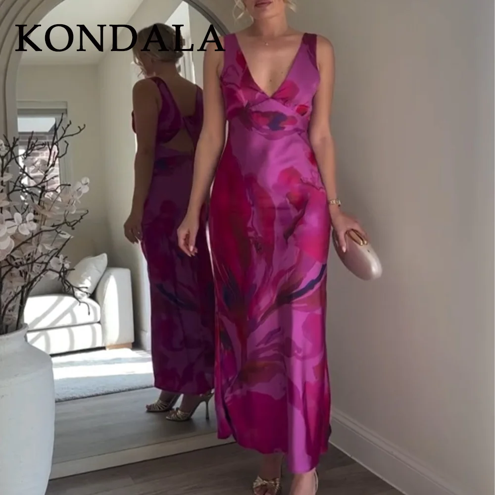 KONDALA 2025 春夏 エレガント レディース ワンピース ファッション プリント Vネック バックレス ノースリーブ ジッパー キャミ ストレート レディース ワンピース