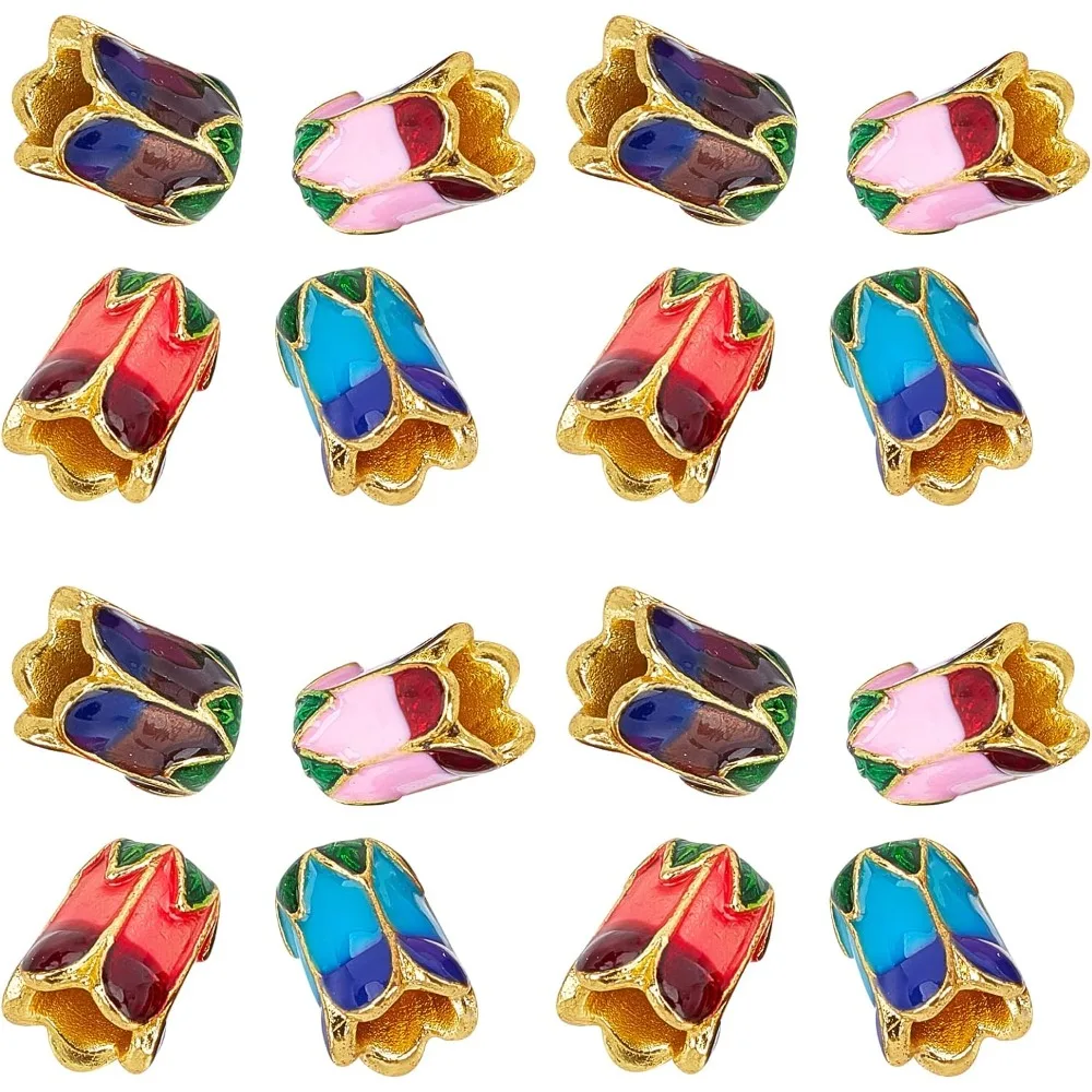 

1 Box 16Pcs 4 Colors Enamel Flower Caps Alloy 5 Petal Bead Cap Vintage Loose Spacer Jewelry Cone End Beads for Women Adults