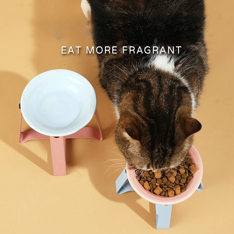 Pet Cat Bowl Colorful Cervical Protection Ceramic Food Water Bowl  Pet Bowl Rack Suit