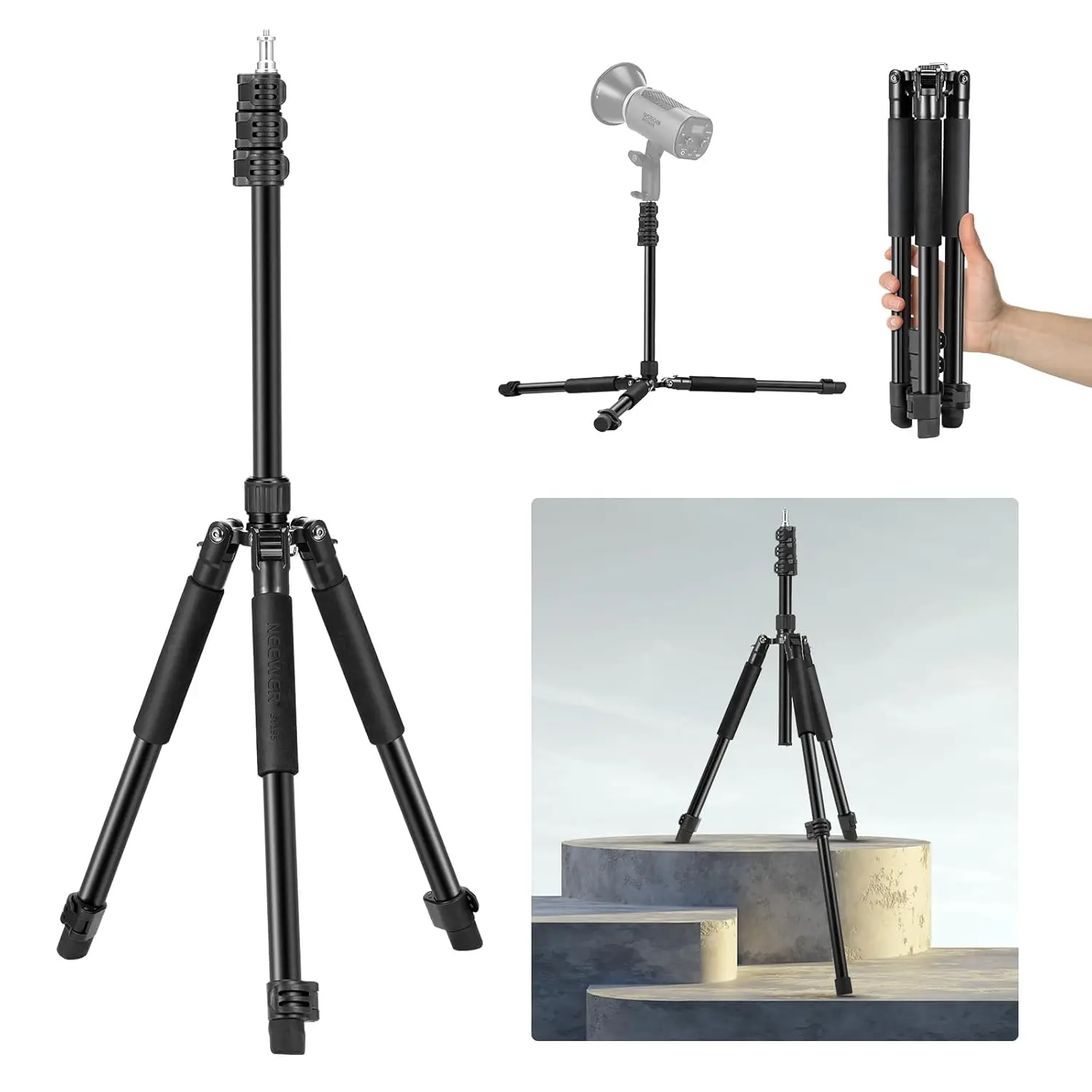

Photography Light Stand, 1.5-6.4ft/47-195cm Aluminum Reversible Studio Lighting Tripod, Portable Phone Video Stand w/ 1/
