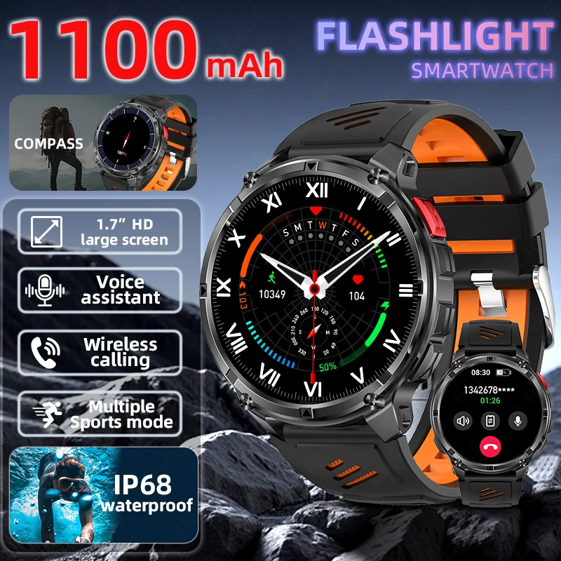 

LIGE 1100mAh Men’s Smart Watch Sports LED Flashlight Compass Heart Rate Message Push IP68 Waterproof Bluetooth Call Smartwatch