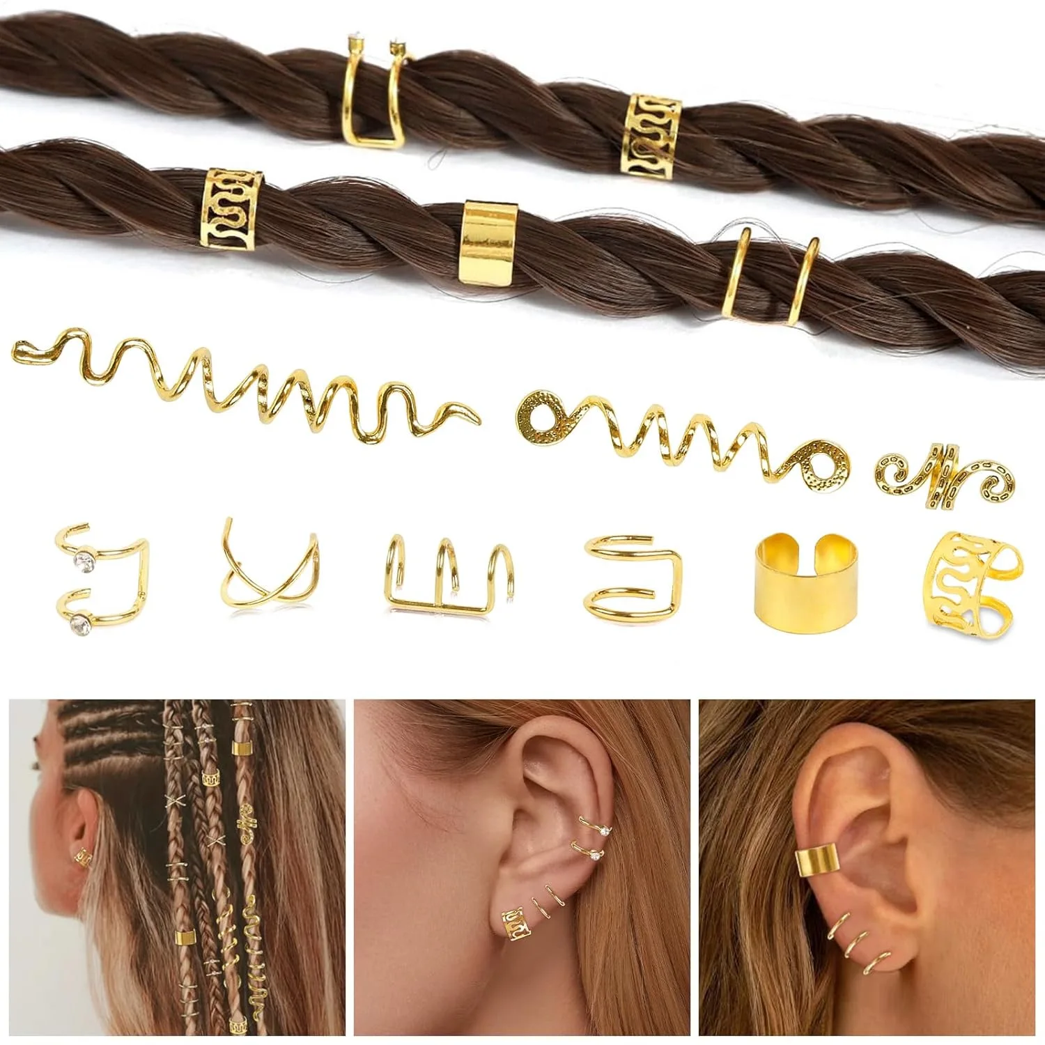 

15 Pieces Metal Snake Hair Loops for Dreadlock Vintage DIY Braid Set Non Slip Soft Strong Hold