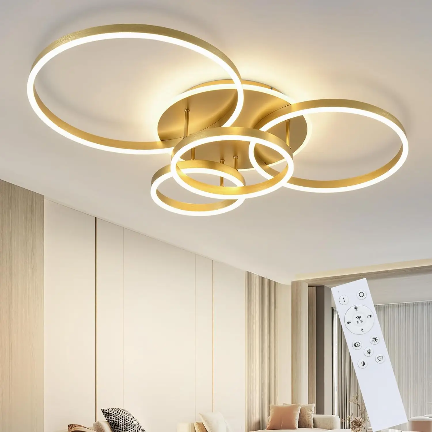 Cliheet Gold 4-Ring LED-Deckenleuchte 90W dimmbar 3000K-6500K, moderne Acryl-Deckenleuchte mit Fernbedienung für Wohnzimmer, Schlafzimmer, Küche