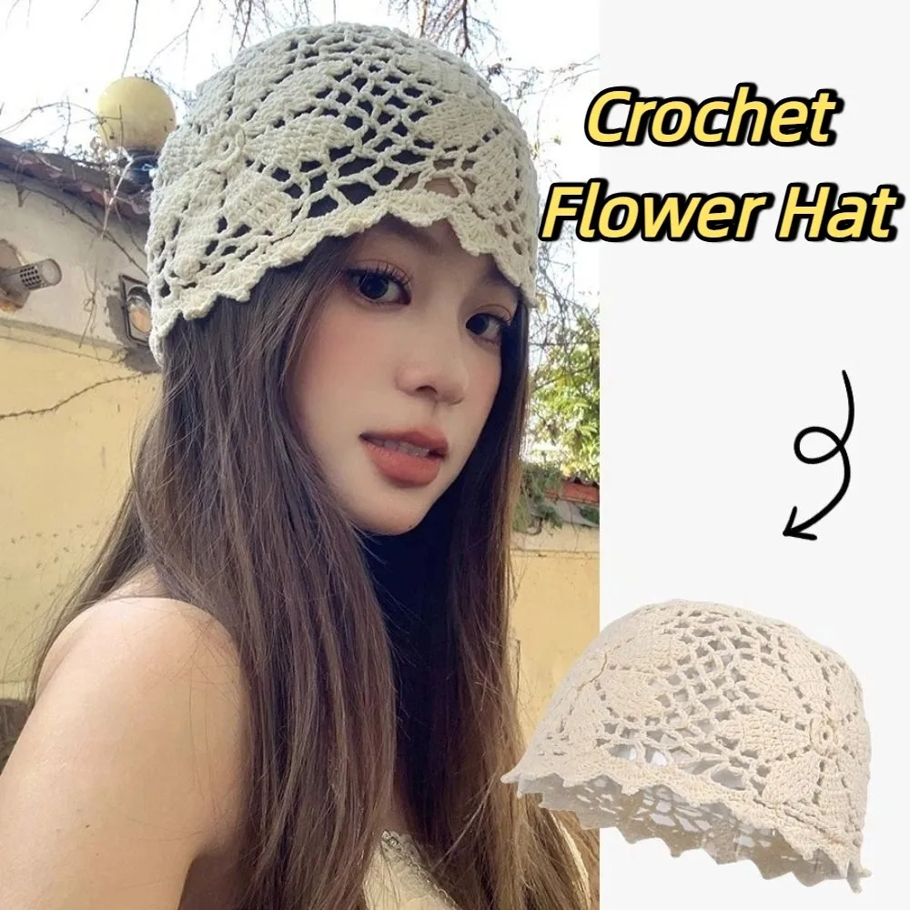 

Fashion Handmade Crochet Flower Hat Thin Bohemian Style Beanies Hat Korean Ethnic Style Hollow Out Knitted Hat Spring and Summer