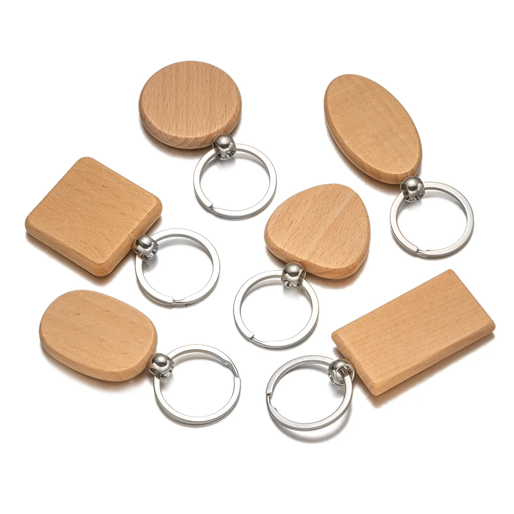 10Pcs Round Heart Rectangular Wood Keychain Unfinished Blanks For DIY Painting Key Chain Tag Laser ID Engraving Gifts Decoration