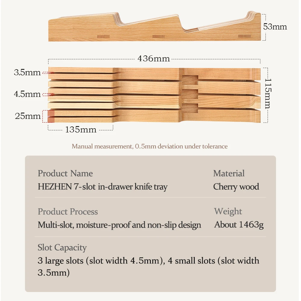 Hezhen Cherry Solid Wood In-drawer Knife Tray 7 Slot Knife Holder Simple storage Space-saving  Gift Box Packaging Knife Holder