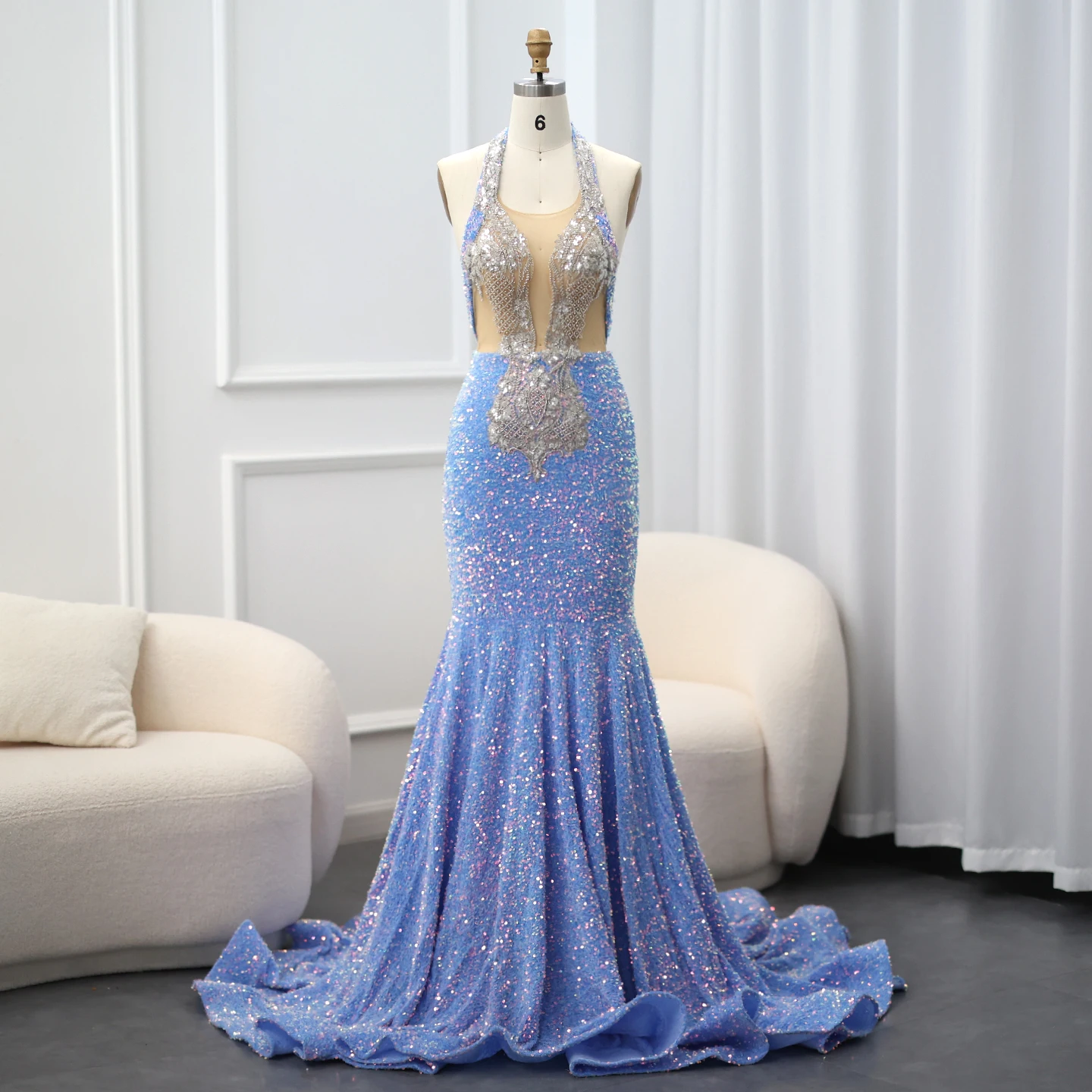 

Sharon Said Sexy Satin Blue Halter Mermaid Backless Prom Dress with Ribbon Evening Party Gowns RM156 Customized