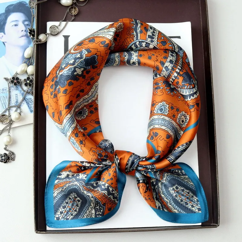 Spring/Summer Orange Imitation Silk Neckerchief Outdoor Decoration Wraps for Women 70*70cm Cashew Print Square Scarf