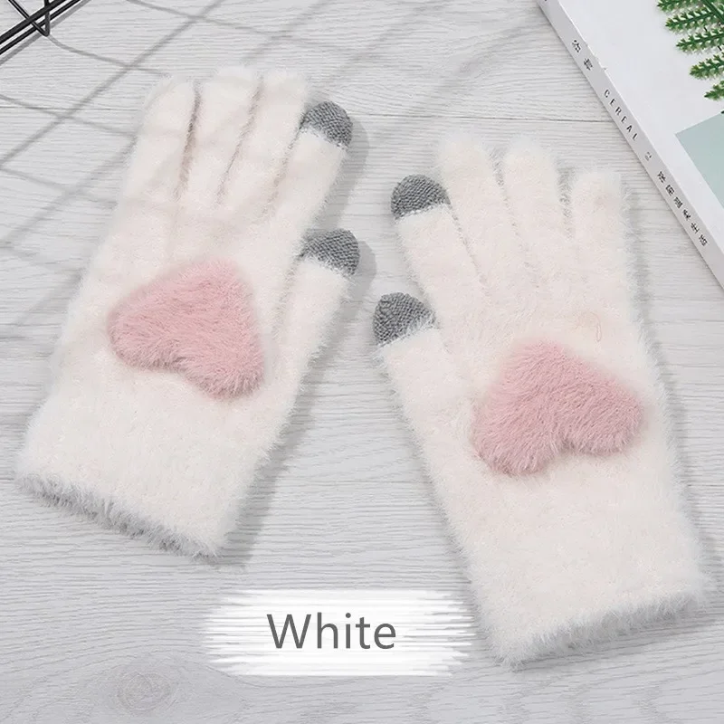 1Pair Love Heart Pink Gloves Women Plush Gloves Autumn and Winter Thick Mittens Full Finger Gloves Girls Warm Touch Screen Glove