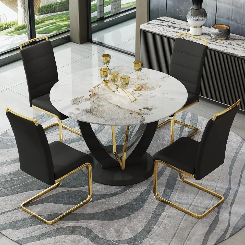 4 sets of 48 inch round dining tables with artificial marble tabletop and 4 cushioned chairs, modern kitchen table and chairs