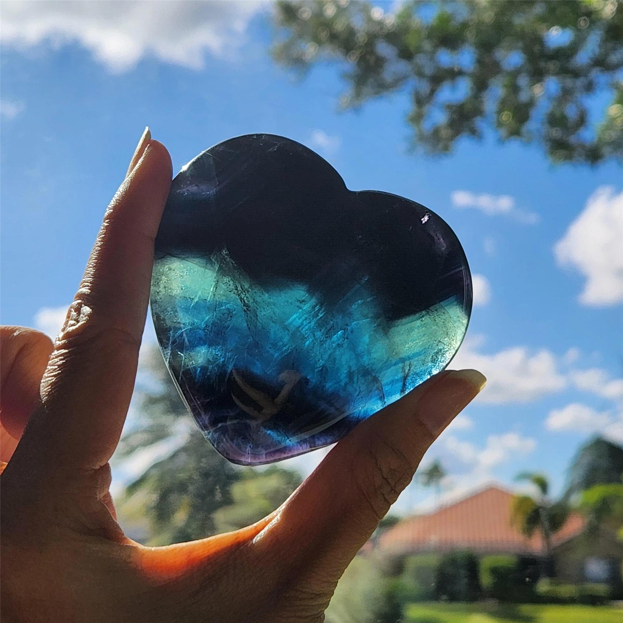 Natural Black Rose Fluorite Heart Carving UV Reactive Polished Gemstone Love Symbol Third Eye Chakra Healing Decor Gift