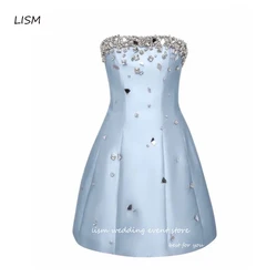 LISM Sparkly Beads Diamond Short Prom Party Dresses Strapless Light Blue Satin Mini Sexy Cocktail Dress Summer Vesidos de fiesta