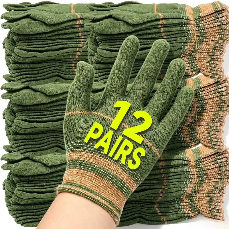 Non Slip Wear Resistant 12Pairs Nylon Work Gloves Men Women Anti Slip Safety Protective Gloves Construction Warehouse Industrial
