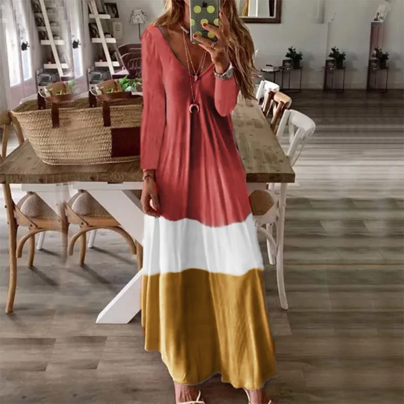 

Women's Patchwork Casual Dress Long Sleeved V-neck Loose Long Dress