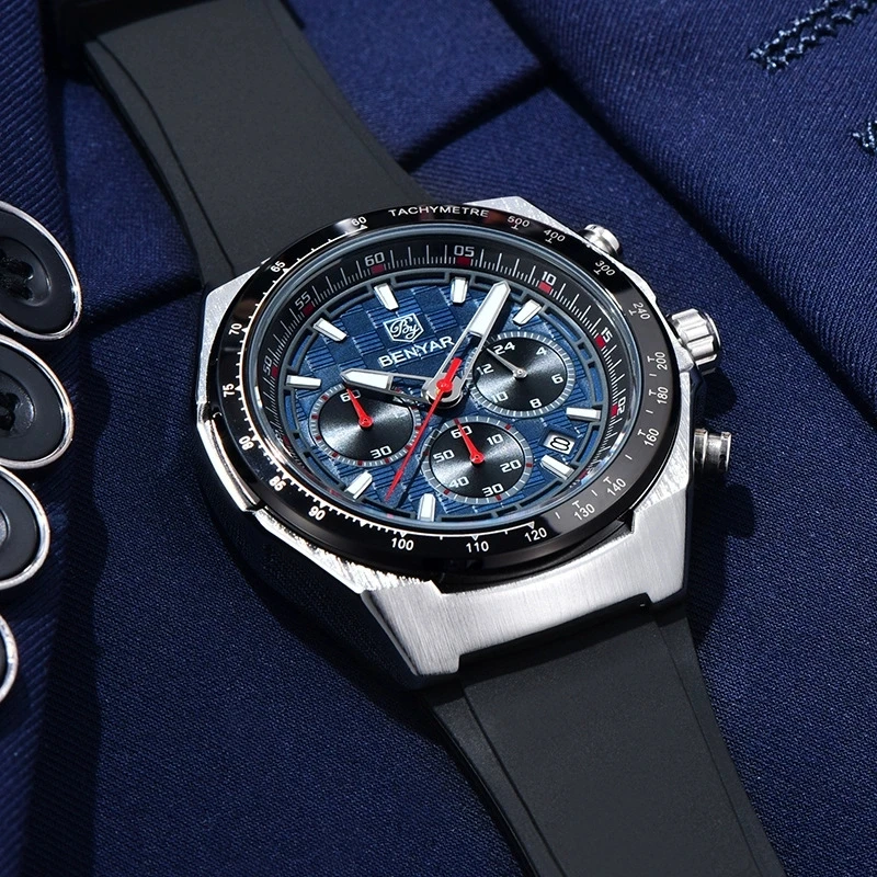 BENYAR 5215 ファッションクォーツ腕時計 メンズ 多機能 防水 シリコンストラップ カレンダー 夜光 スポーツ腕時計