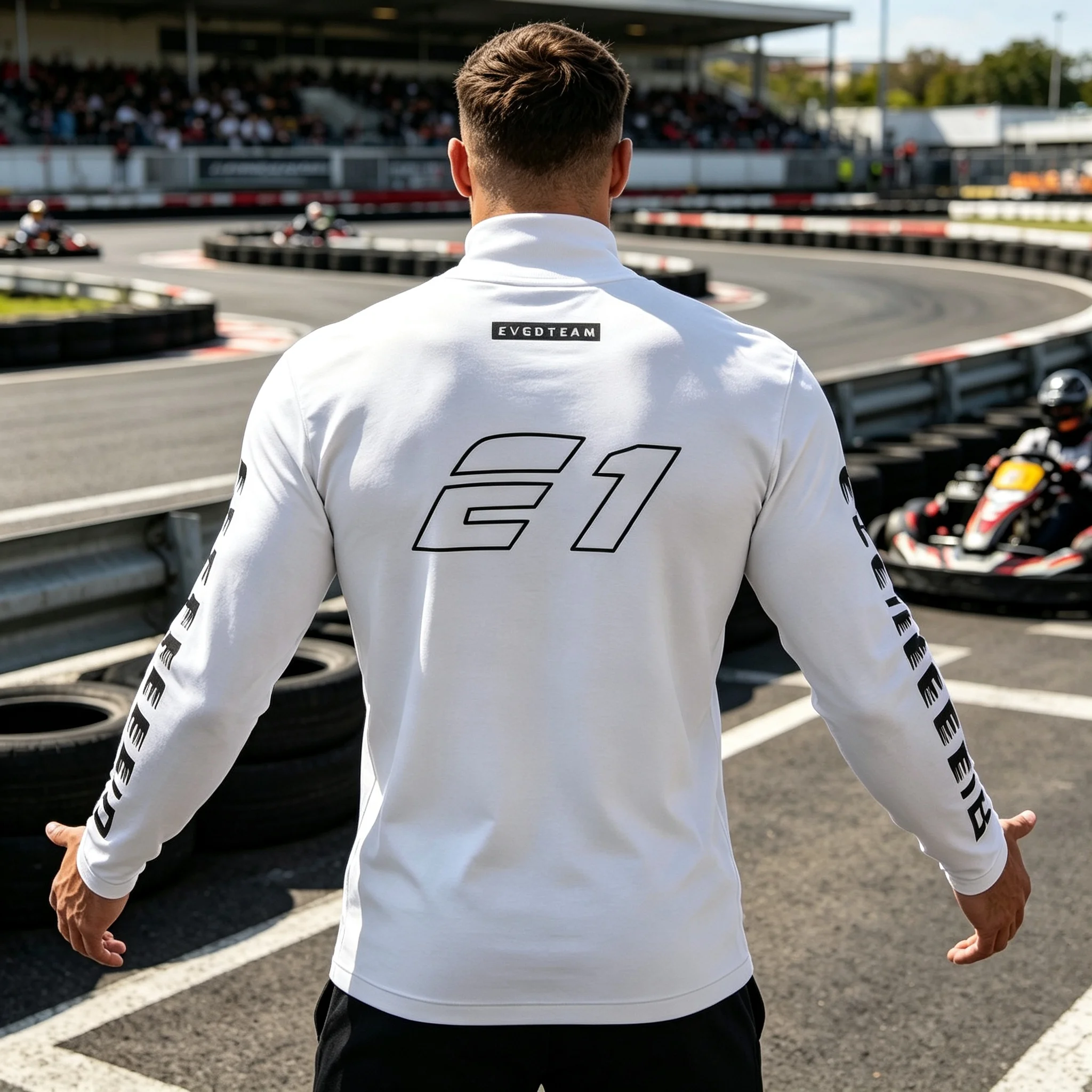 Herren Schwarzes Langarm-T-Shirt mit E1-Logo-Print für Rennsport-Teams, Motocross, Karting, Motorsport, Sport-Langarm-Oberteil – Detail 3